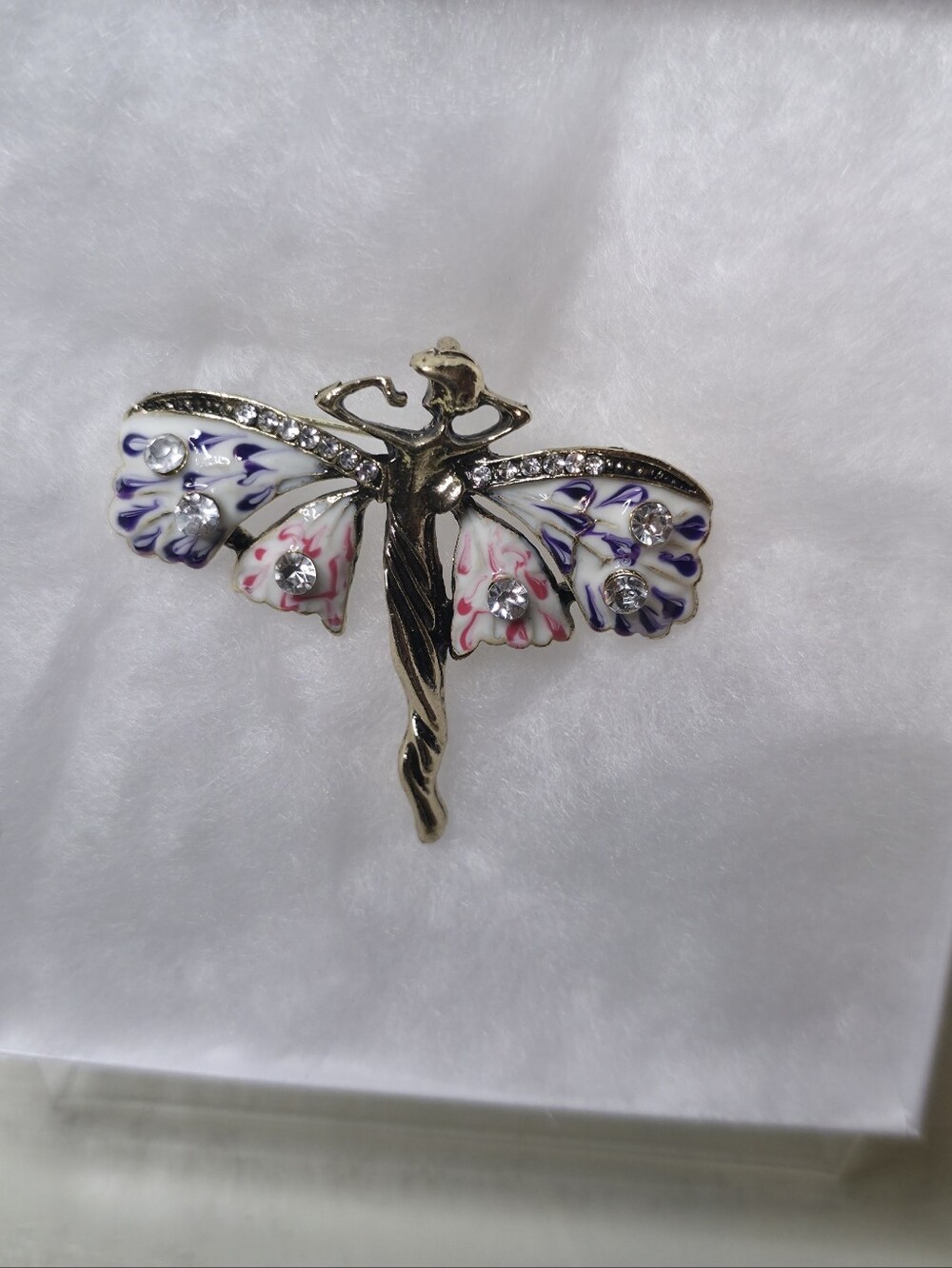 Elegant Gold-Tone Fairy Wing Brooch with White, Purple & Pink Enamel